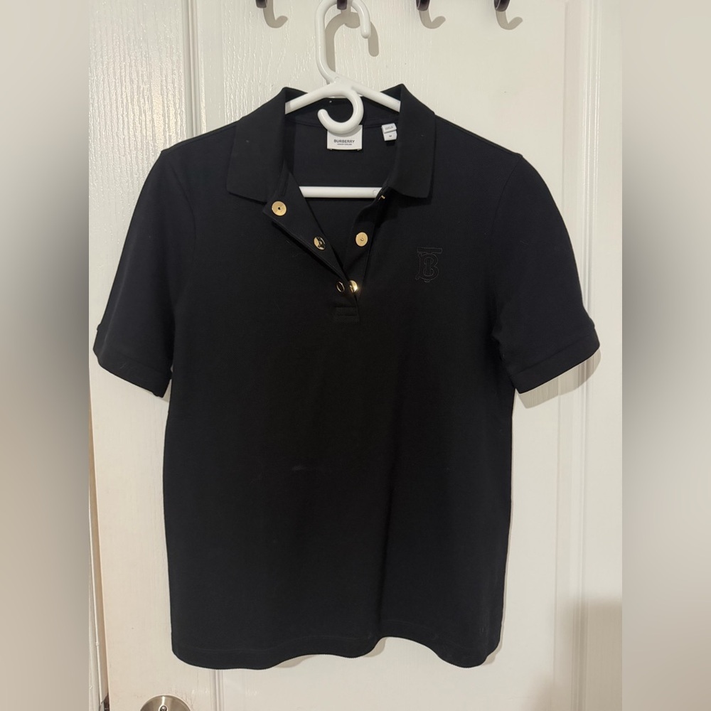 Authentic Burberry Black Polo with Tonal TB Monogram and Gold Buttons